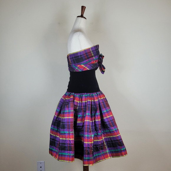 VTG Victor Costa Dress Womens 2 XS Velvet Plaid Strapless Bow Party Colorful 80s - Picture 4 of 13